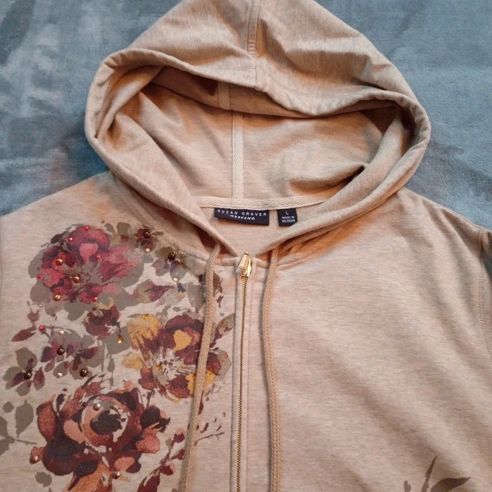 Susan Graver Weekend Jacket Coat Oatmeal French Terry Embellished Printed Size L